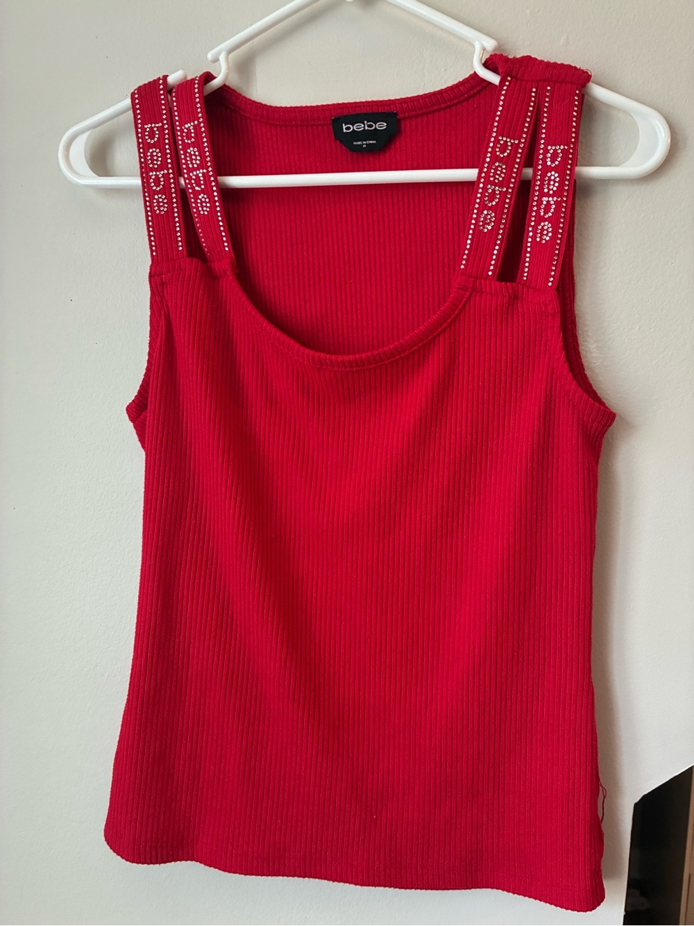 bebe y2k beaded Bright Red Ribbed Tank with Logo Rhinestone Straps